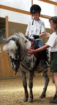 Lehrkraft und Reitkind beim HIPPOLINI®-Kurs - Feinfühliges Reiten am Pony erklärt