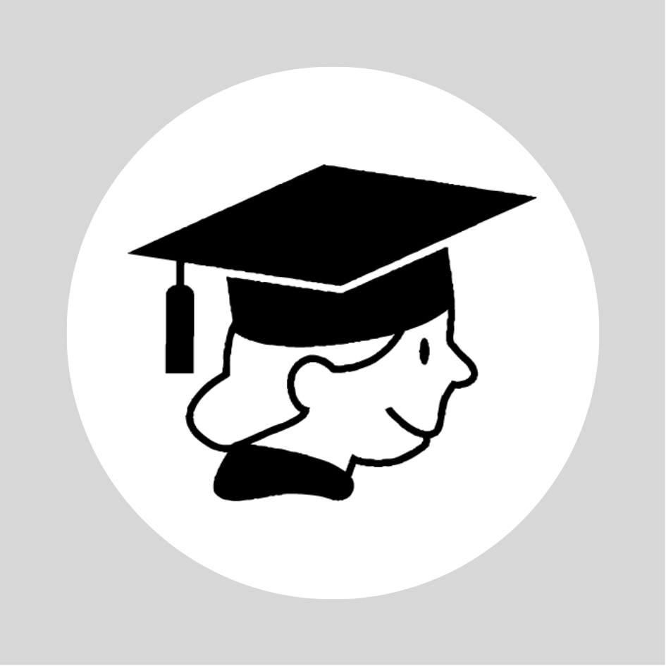 Ikone für allgemeine Bildungsinformationen: Profilansicht eines lächelnden Gesichts mit einem schwarzen Doktorhut auf weißem Kreis, hellgrauer Hintergrund.