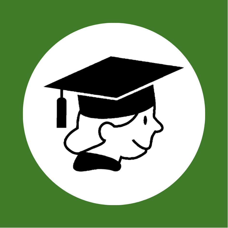 Ikone für Pädagogik / Ausbildungsstruktur: Profilansicht eines lächelnden Gesichts mit einem schwarzen Doktorhut auf weißem Kreis, dunkelgrüner Hintergrund.