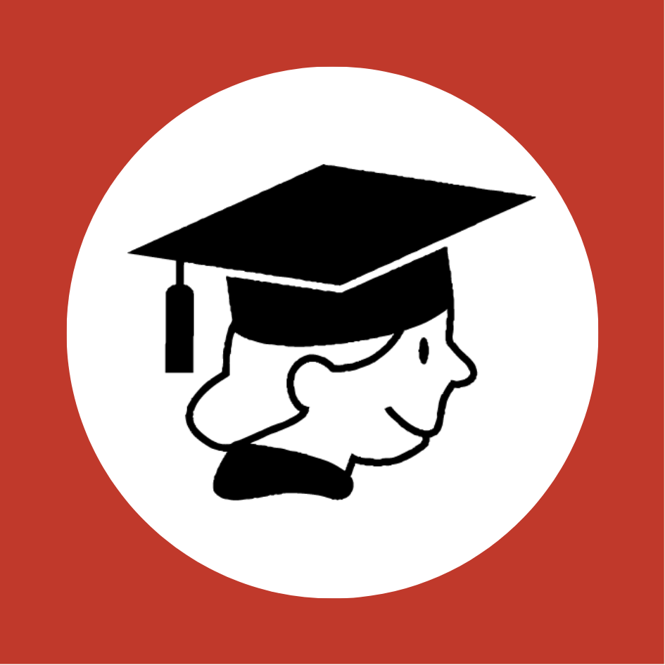 Weiterbildung Ikone für Weiterbildung: Profilansicht eines lächelnden Gesichts mit einem schwarzen Doktorhut (Birett) auf weißem Kreis, roter Hintergrund.