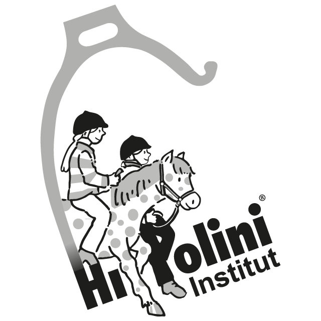 HIPPOLINI Institut Logo: Zwei Kinder in Reitkleidung sitzen auf einem gescheckten Pony, das von der Seite dargestellt wird, umschlossen von einem stilisierten Steigbügel.
