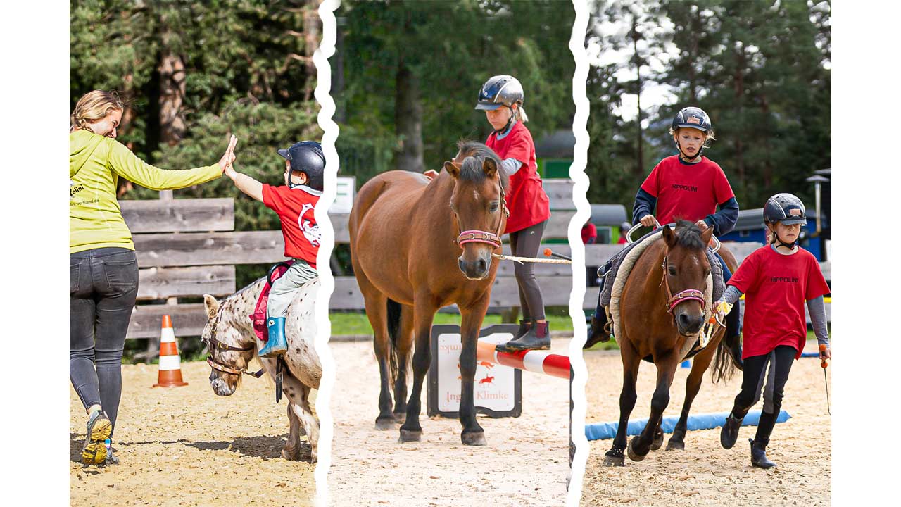 Kinder mit Ponys beim Reiten, Führen und gemeinsamen Lernen